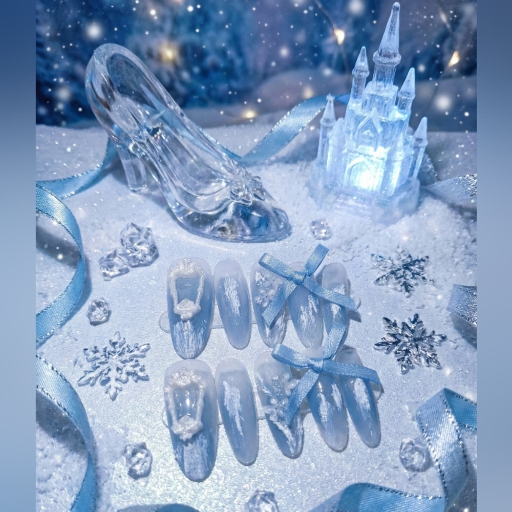 Elegant Princess Blue and 3D White Press-On Almond Nails